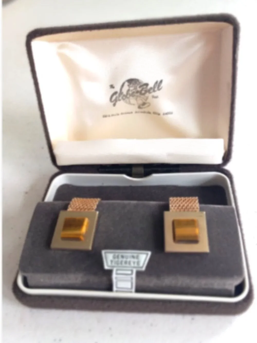 Vintage Swank Genuine Tiger Eye Gold Tone Mesh Wrap Around Cuff Links w Box